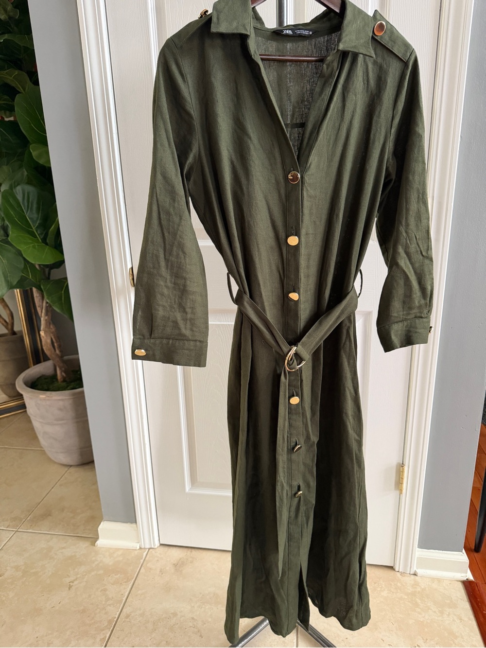 Zara Dark Olive Green Linen Blend Button-Front Dress